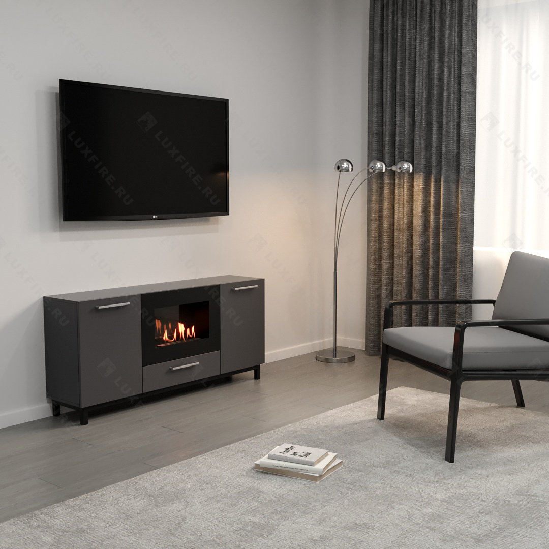 Тумба ТВ Lux Fire "Амур" напольная 1400 матовая, графит с биокамином 600 по цене 82 551 руб.